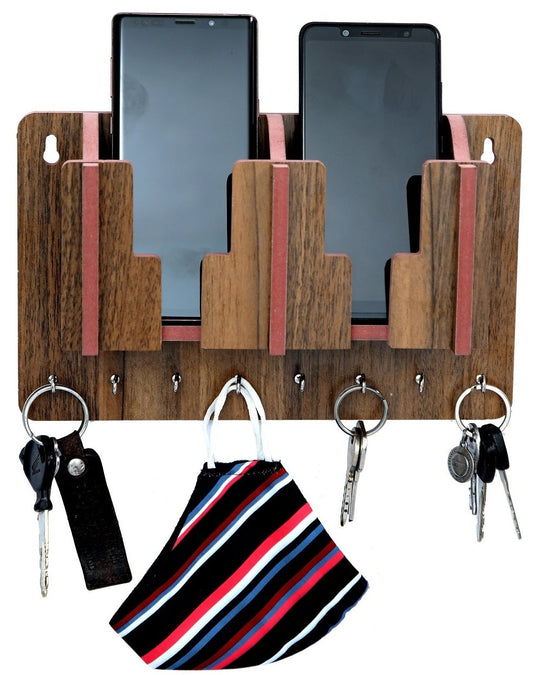 Wall Mount Home Side Stylish Wooden Key Holder | with Mobile Charging Stand